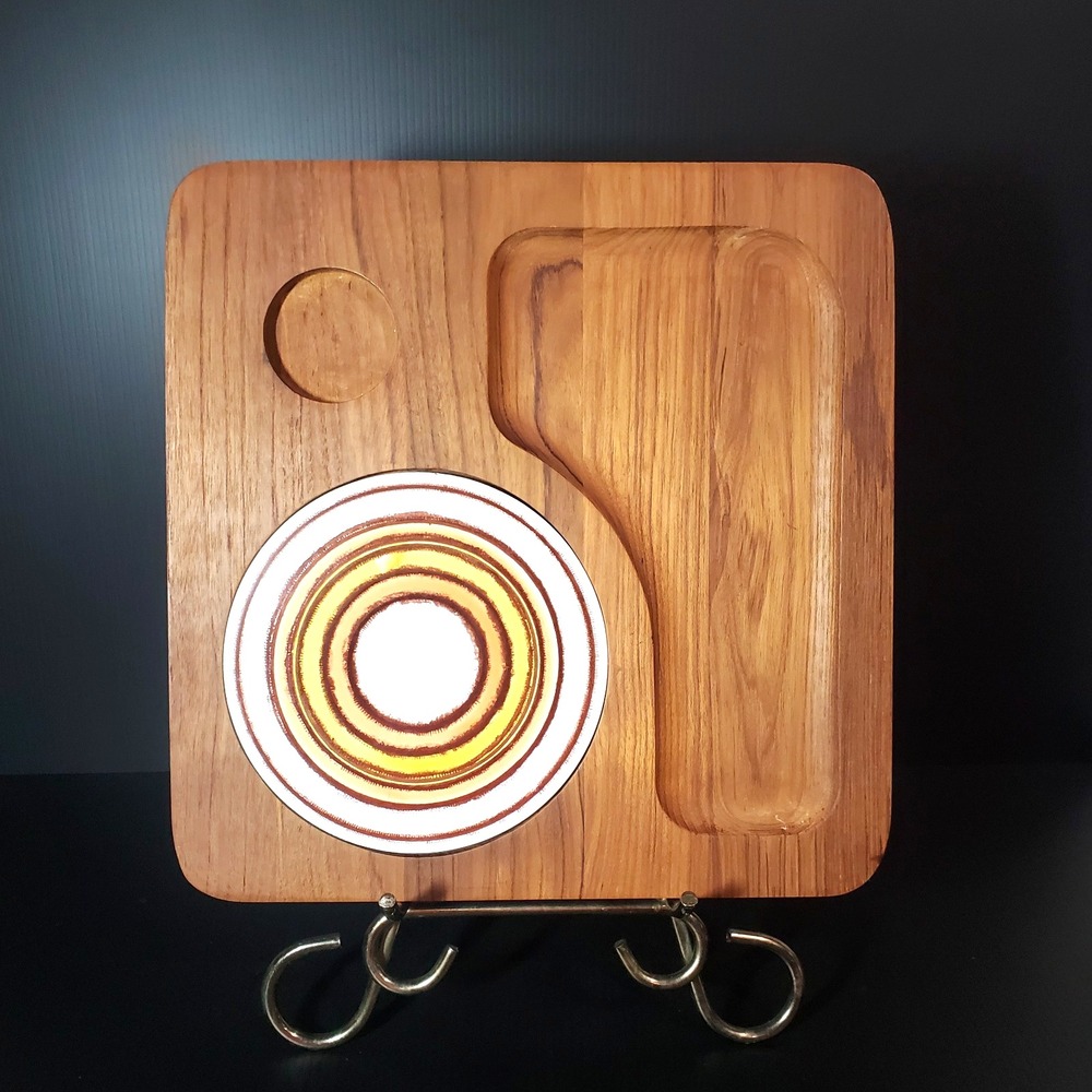 VTG Dolphin Genuine Teak‎ Wooden and Ceramic Serving Board Plate 1960s MCM